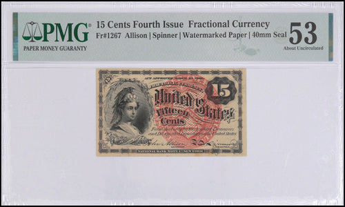 15 Cents Fifth Issue Fractional Currency Fr.1267 PMG 53 About Uncirculated Minor Stains