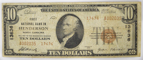 1929 Ty-II $10 First National Bank Henderson, North Carolina CH. #13636 Fine Scarce
