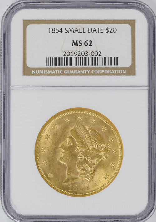 1854 $20 Gold Small Date Liberty NGC MS62