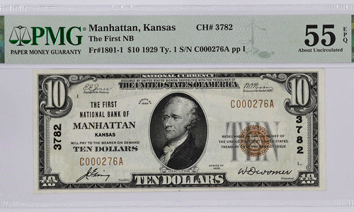 1929 $10 First National Bank of Manhattan, Kansas Fr. 1801-1, CH. #3782 PMG AU55