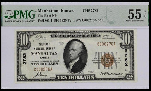 1929 $10 First National Bank of Manhattan, Kansas Fr. 1801-1, CH. #3782 PMG AU55