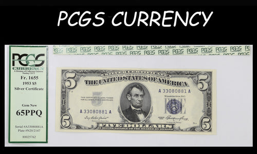 Series 1953 $5 Silver Certificate PCGS Fr. 1655 PCGS Gem New 65PPQ