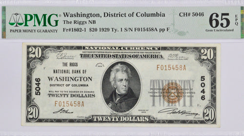 1929 $20 The Riggs NB of Washington, DC Fr. 1802-1 CH. #5046 PMG 65EPQ