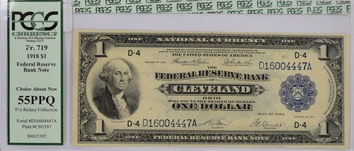 Series 1918 $1 Federal Reserve Bank Cleveland Ohio Fr.719 PCGS AU55PPQ