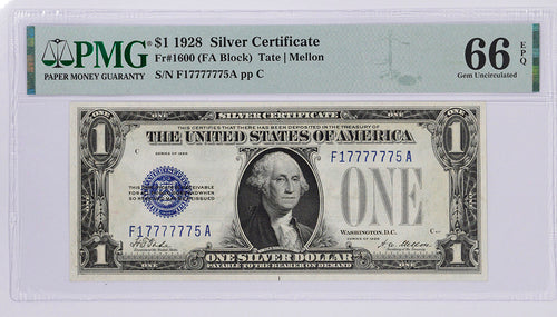 Series 1928 $1 Silver Certificate Fr. 1600 PMG 66EPQ S/N F17777775A