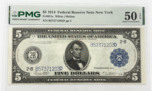 Series 1914 $5 Federal Reserve Note New York PMG 50 EPQ Fr#851a