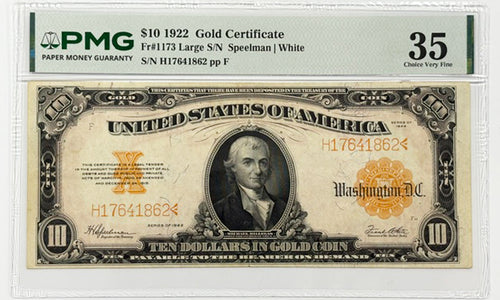 Series 1922 $10 Gold Certificate Fr#1173 PMG 35