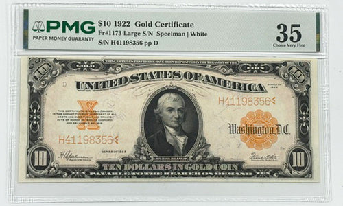 Series 1922 $10 Gold Certificate PMG 35 FR#1173