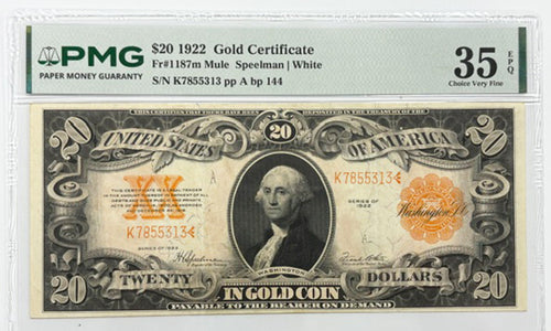 Series 1922 $20 Gold Certificate PMG 35 EPQ Fr#1187m
