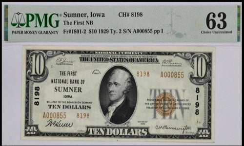 1929 $10 First National Bank of Sumner, Iowa Ty. 2 Fr. 1801-2 CH. #8198 PMG 63 Choice Unc.