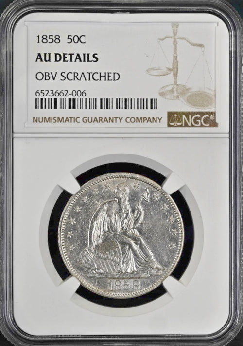 1858 50C Seated Liberty NGC AU Details Obv Scratched