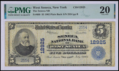 1902 $5 Seneca National Bank, West Seneca, New York Fr.#609 CH #12925 PMG VF20