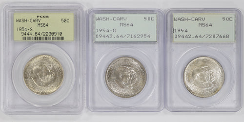 1954 Wash-Carv 50C PCGS MS64 3 Piece Set 1st Gen & Old Green