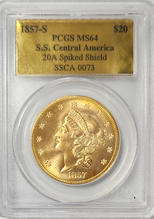 1857-S $20 Gold Liberty S.S. Central America 20A Spiked Shield SSCA 0073 Shipwreck
