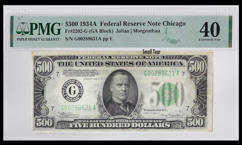 Series 1934A $500 Federal Reserve Note Chicago Fr.2202-G PMG XF40 Small Tear