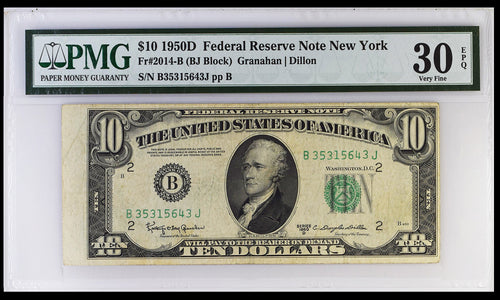 Series 1950D $10 Federal Reserve Note New York Fr.2014-B PMG VF30 EPQ
