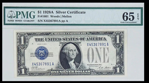 Series 1928A $1 Silver Certificate Fr. 1601 PMG 65EPQ Gem Uncirculated