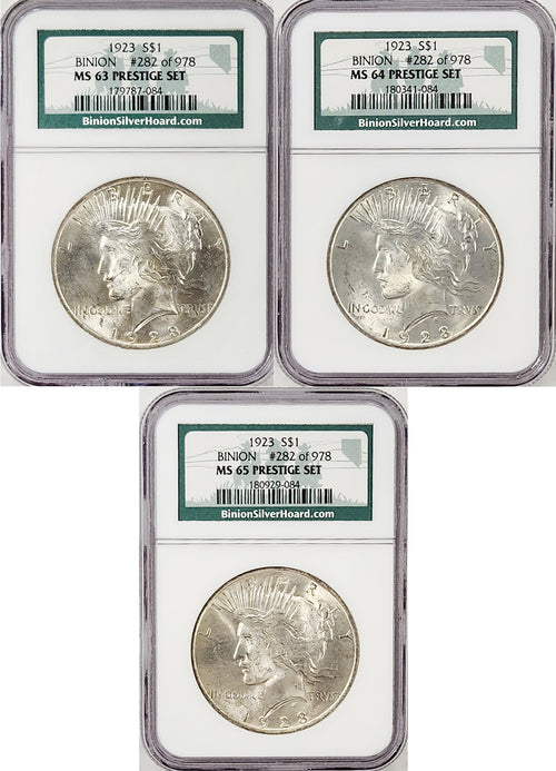 1923 $1 Peace Binion Hoard 3-Coin Set NGC MS63, MS64, MS65