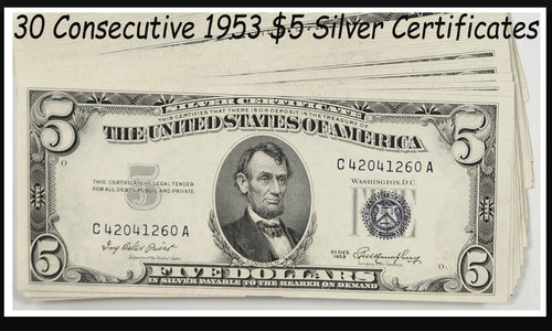 Series 1953 (30) $5 Consecutive Silver Certificates Uncertified Very Choice Unc. Gem