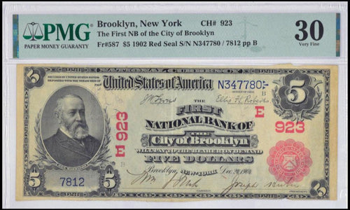 1902 $5 First National Bank Brooklyn, New York Fr#587 CH. #923 PMG VF30