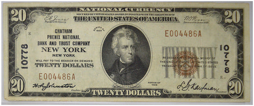 1929 $20 Ty-I Chatham Phenix Nat'l Bank & Trust Co. New York, NY CH. #10778 CH. VF+