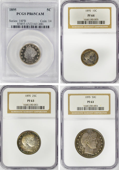 1895 Partial Proof Set Barber Nickel, Dime, Quarter & Half Dollar PF63, PF64 & PR65