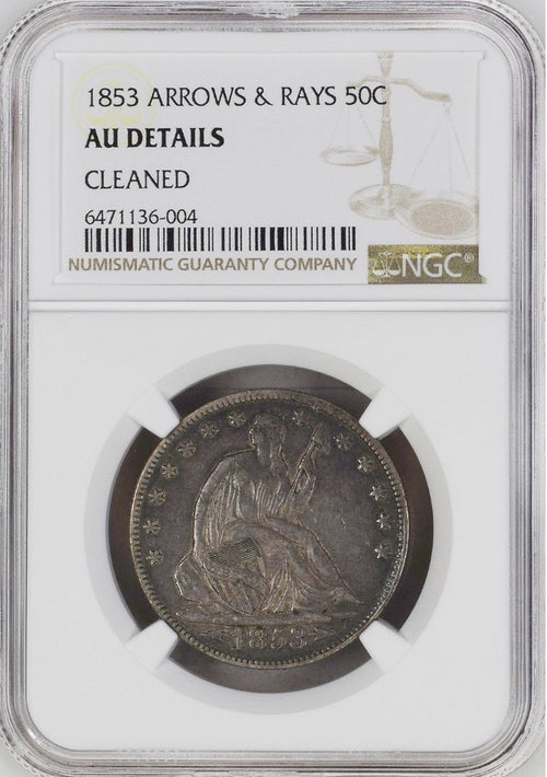 1853 50C Seated Liberty Arrows & Rays NGC AU Details Cleaned