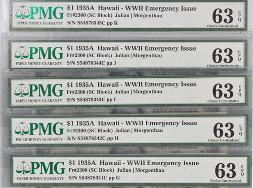Series 1935A $1 Hawaii WWII Emergency Issue 5 Consecutive Silver Certificates Fr.2300 PMG 63EPQ