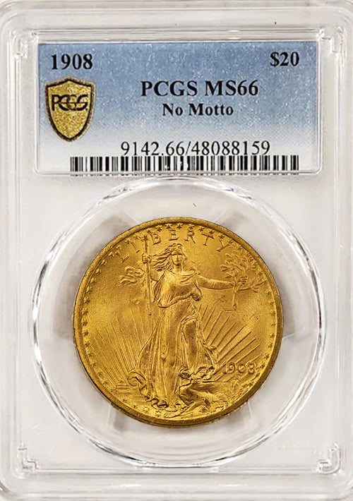 1908 $20 No Motto Gold St. Gaudens PCGS MS66