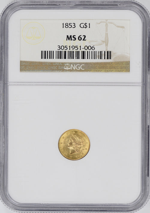 1853 $1 Gold Liberty NGC MS62