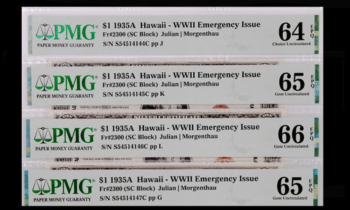 Series 1935A (4) $1 Hawaii Emergency Issue Notes Consecutive  Fr.2300 PMG 64EPQ-66EPQ