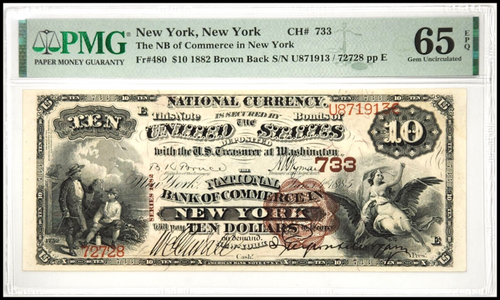 1882 $10 The National Bank of Commerce in New York, NY Fr#480 CH#733 PMG 65EPQ