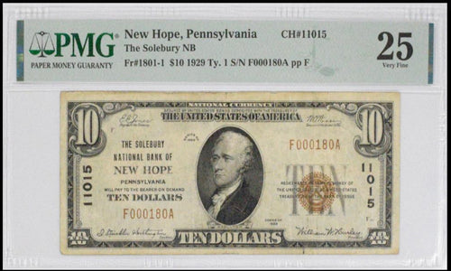 1929 $10 The Solebury National Bank of New Hope, PA Fr.1801-1 CH. #11015