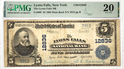 1902 $5 Lyons Falls National Bank Lyons Falls New York Fr#609 CH#12836 PMG 20VF