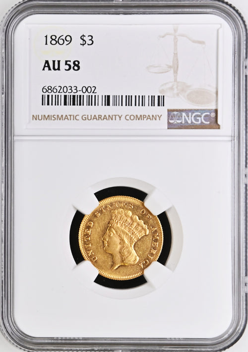 1869 $3 Gold Indian Princess NGC AU58 Mintage of 2500
