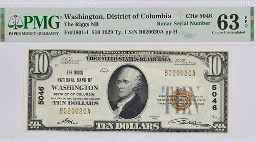 1929 $10 The Riggs NB of Washington, DC RADAR NOTE Fr. 1801-1 CH. 5046 PMG 63EPQ
