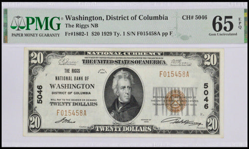 1929 $20 The Riggs NB of Washington, DC Fr. 1802-1 CH. #5046 PMG 65EPQ