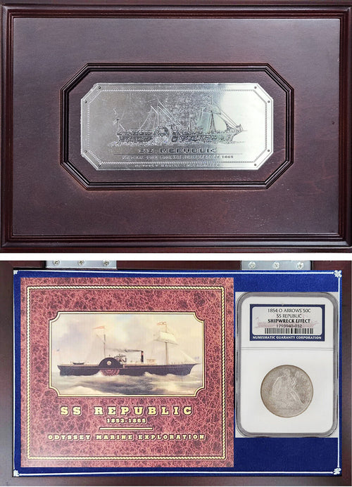 1854-O Arrows 50C SS Republic NGC Shipwreck Effect with Cherrywood Box & DVD