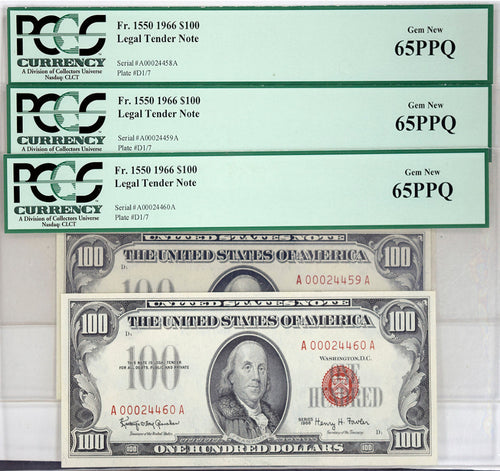 Series 1966 (3) Consecutive $100 Legal Tender Notes Fr.1550 PCGS Gem New 65PPQ