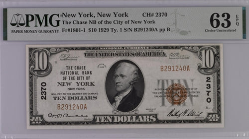 Series 1929 $10 National Bank of New York, New York CH# 2370 Fr#1801-1 PMG 63EPQ