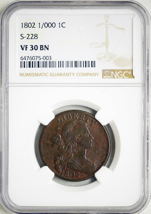 1802 1/000 1C Draped Bust Large Cent NGC VF30BN