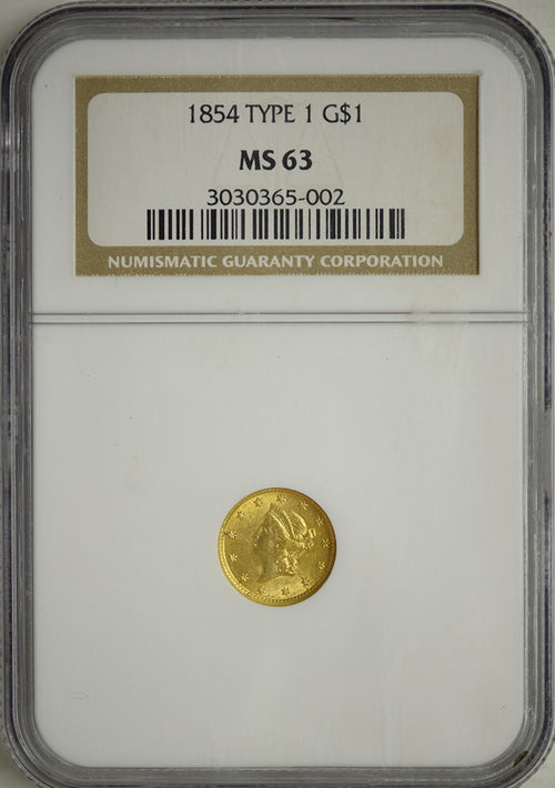 1854 $1 Gold Liberty Type 1 NGC MS63