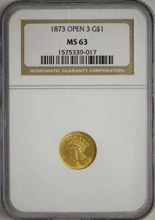 1873 $1 Gold Liberty Open 3 NGC MS63