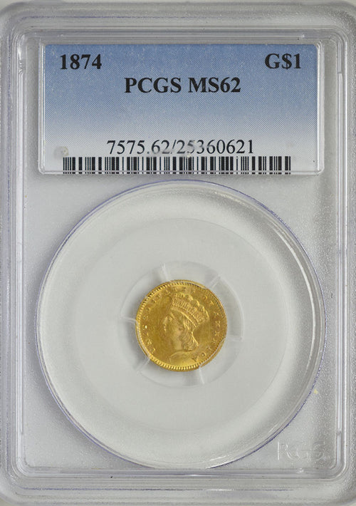 1874 $1 Gold PCGS MS62