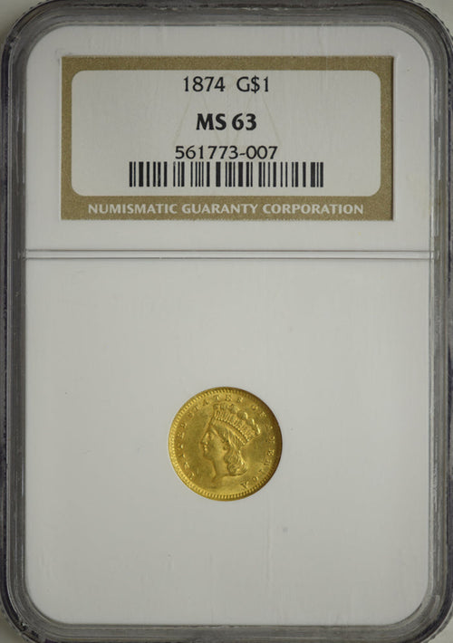 1874 $1 Gold Indian Head NGC MS63