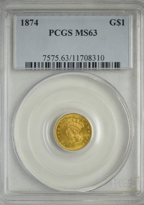 1874 $1 Gold Liberty PCGS MS63