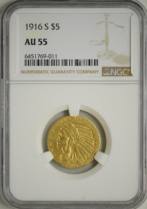1916-S $5 Gold NGC AU55