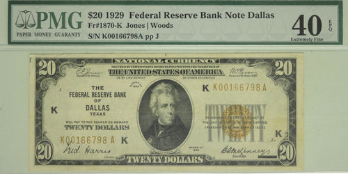 Series 1929 $20 Federal Reserve Note Dallas PMG 40XF EPQ Fr#1870-K