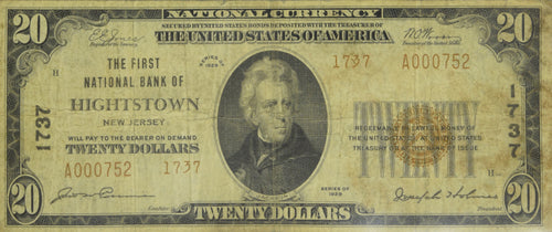 Series 1929 $20 First National Bank of Hightstown, NJ Fine with Discoloration