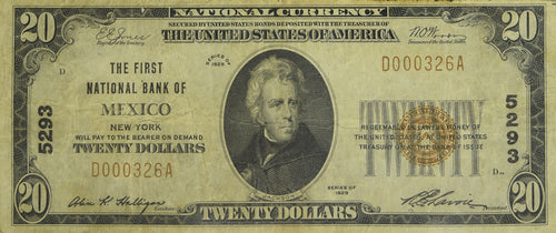 Series 1929 $20 First National Bank of Mexico, New York Type 1 Fine